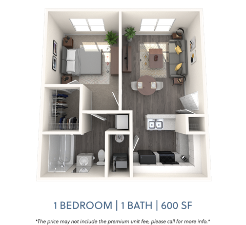 Floor plan for 1 bed, 1 bath, 600 sqft